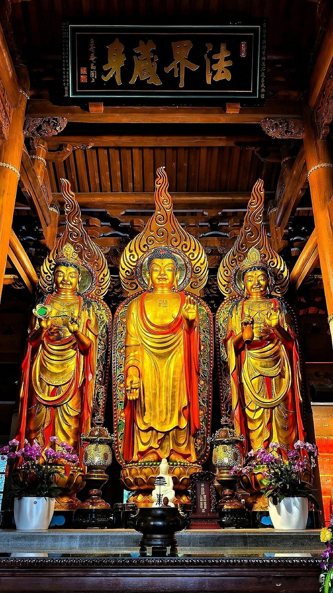 法界藏身：金色庄严下的西方三圣匾额题书“法界藏身”，四字鎏金，墨底生辉，在