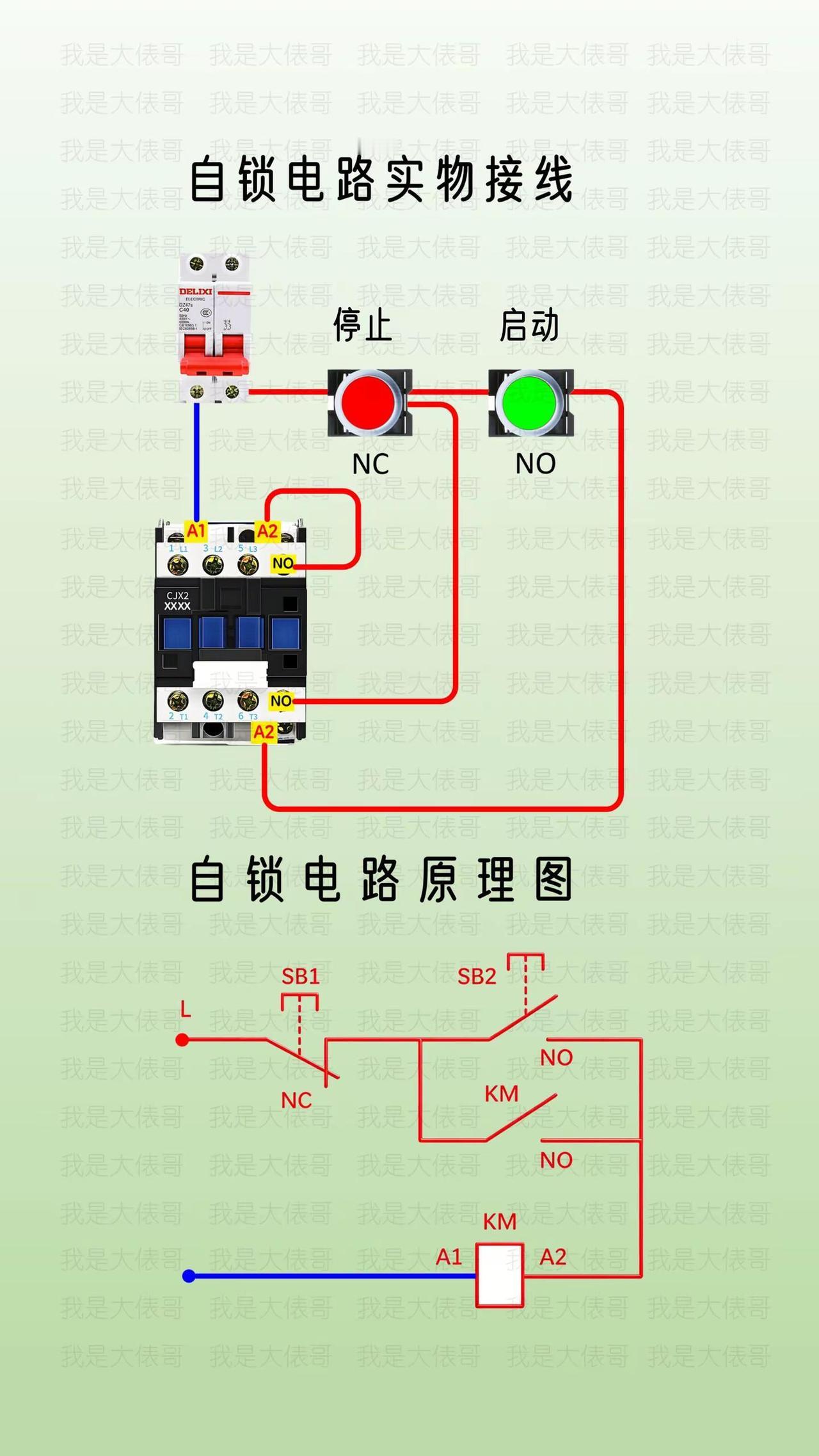 自锁电路实物图和原理图。自锁电路原理电工知识科普