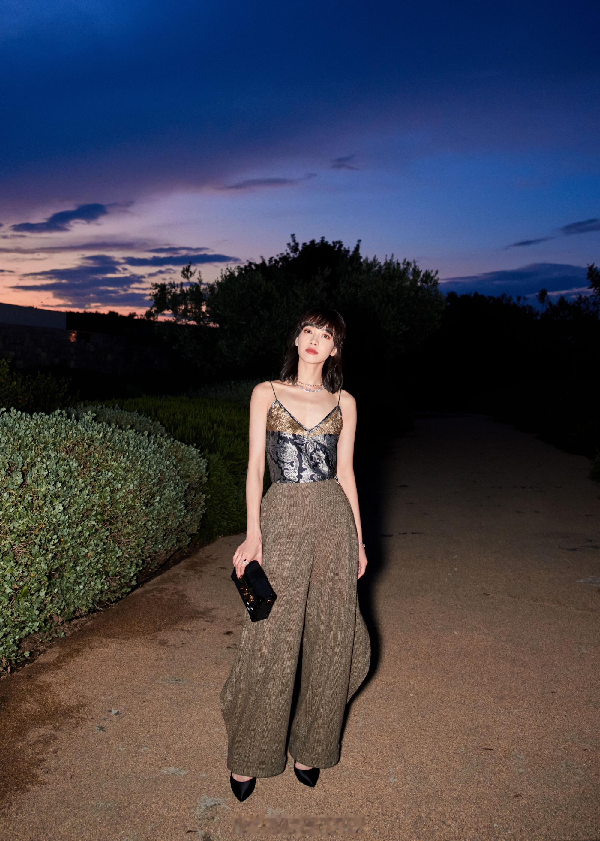 宋茜丝织吊带刺绣裙随性优雅