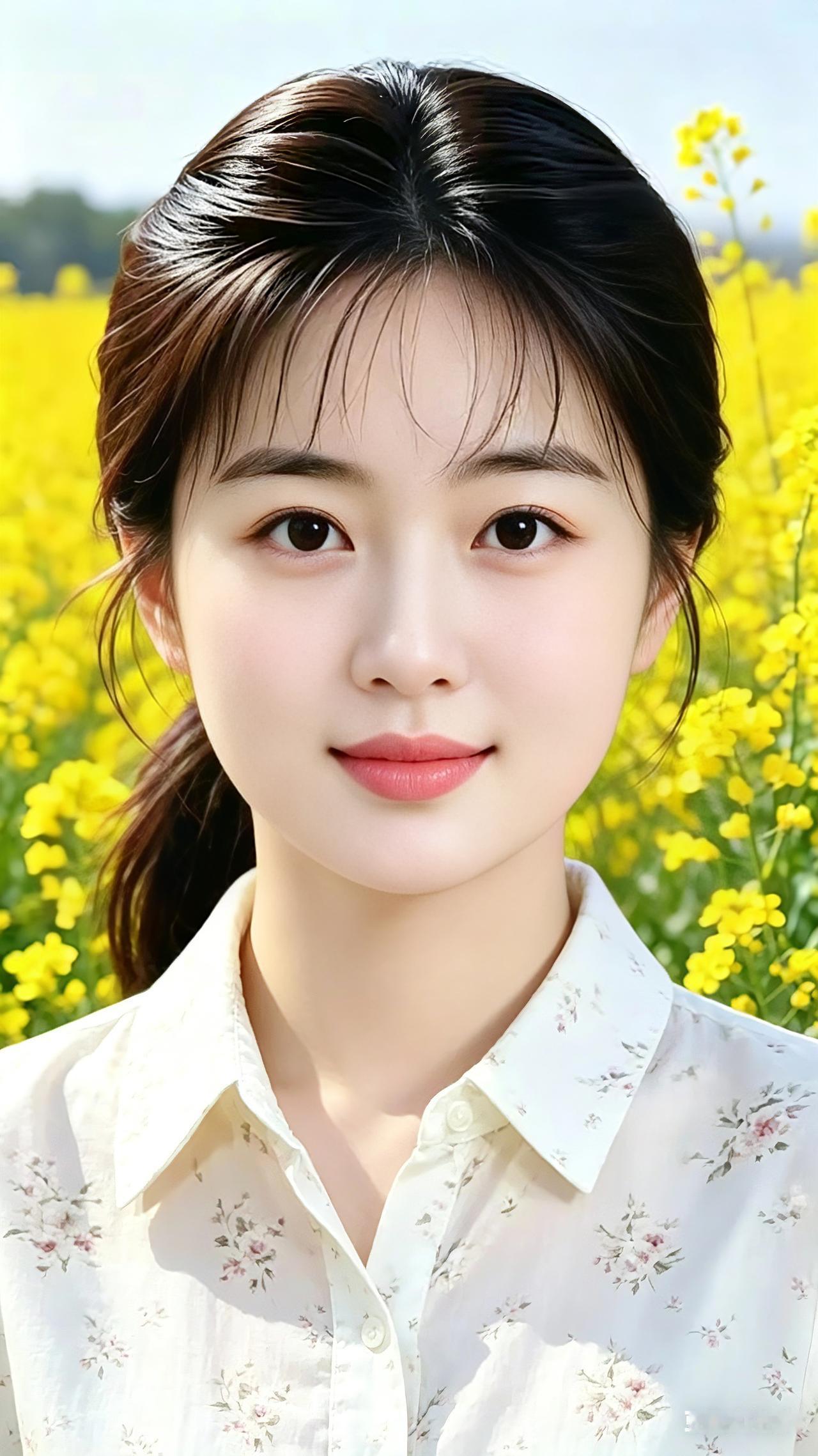 漫野黄花浸在晴光里，少女笑意嫣然立在花田中。眉眼清透纯和漾着软意，发丝轻软