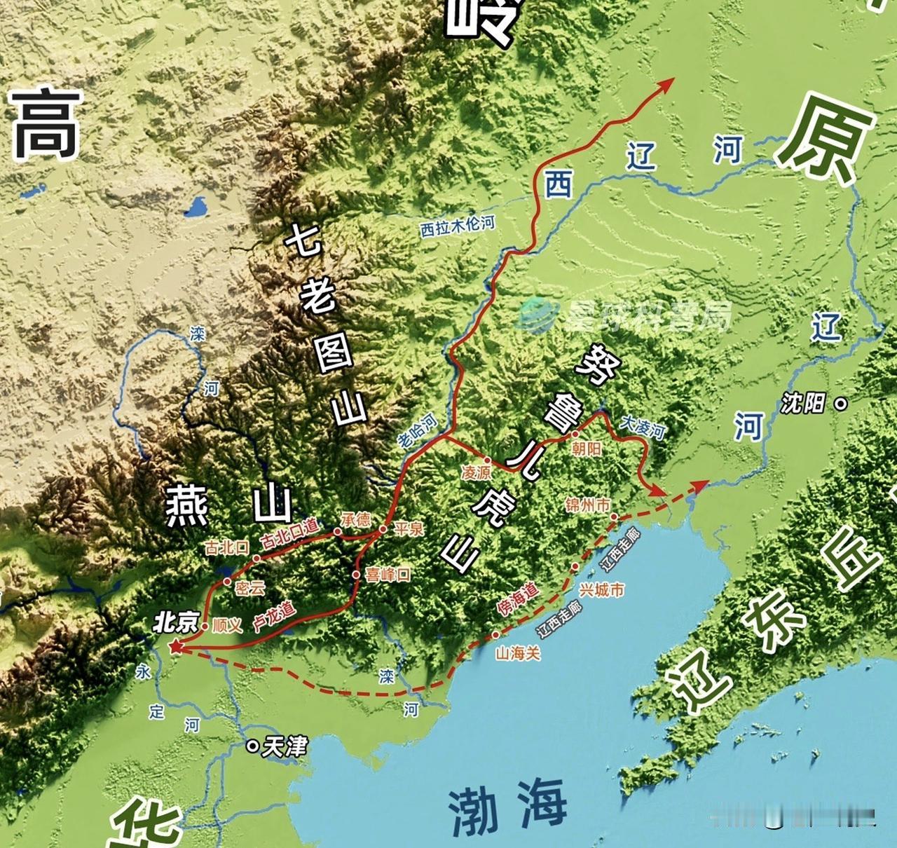 一图看懂东北至北京（华北平原）的三条古道，它们分别是古北口的古北口道、喜峰口的卢