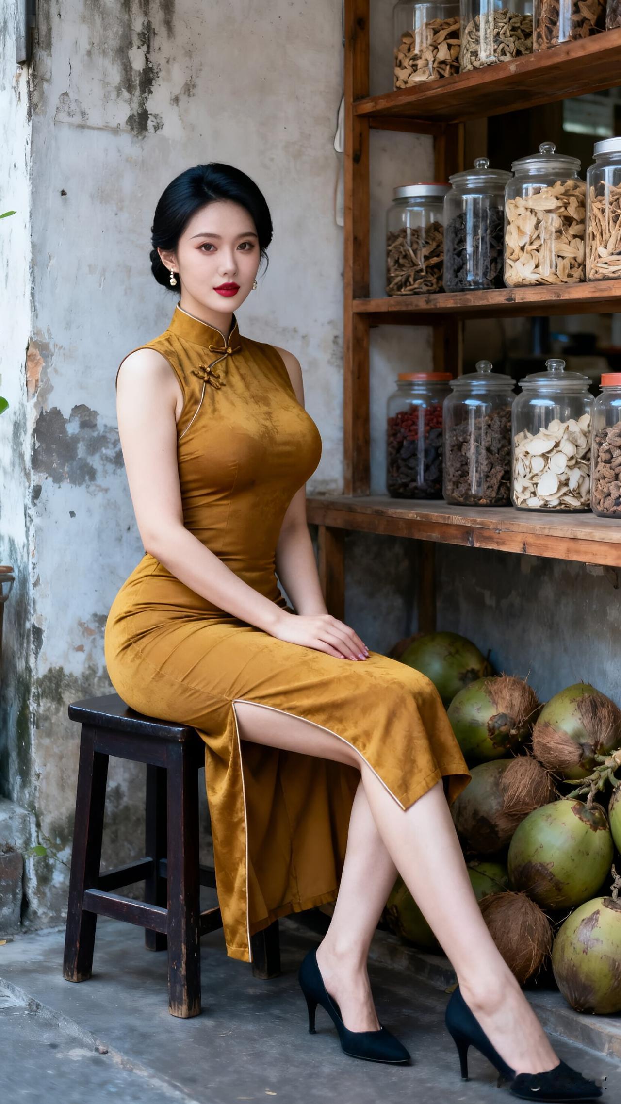 旧墙斑驳，木架上的玻璃罐里藏着岁月沉淀的草木香。姜黄色旗袍裹着玲珑身段，开衩处露