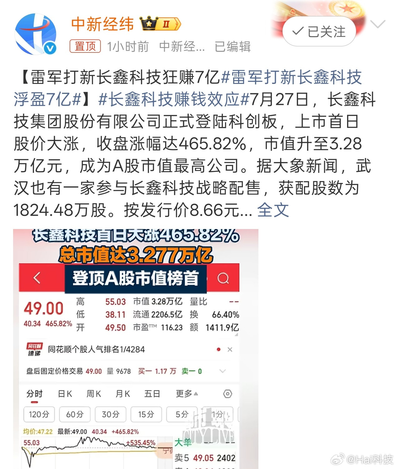 长鑫科技跟我前两天预料的一样，拉动了整个大盘，昨天是普涨，今天就要分化了，看看A