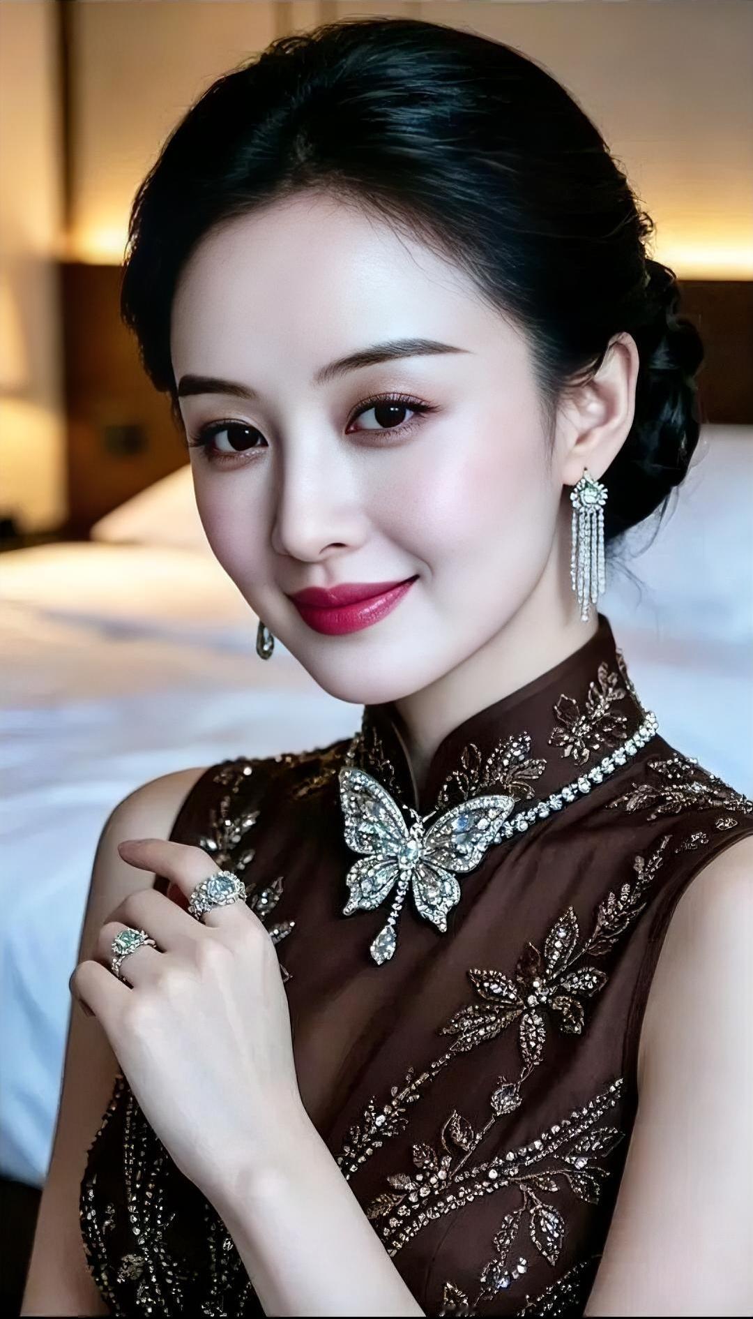 旗袍绣着旧时光蝴蝶停在领口上珠光轻轻晃笑意藏进暖黄发髻挽得妥帖