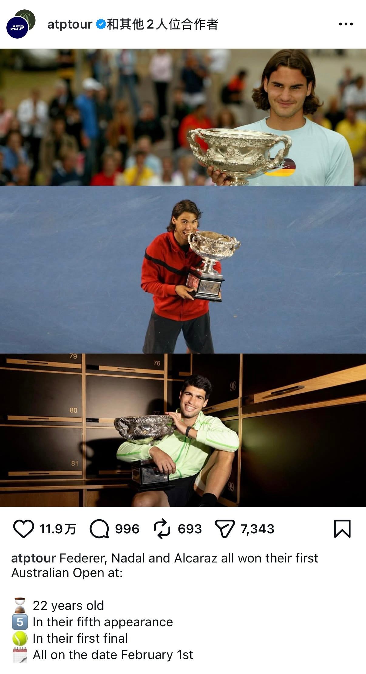 【纯属巧合】ATP官方Instagram也发上澳网的“玄学”数据了费德勒、纳达尔
