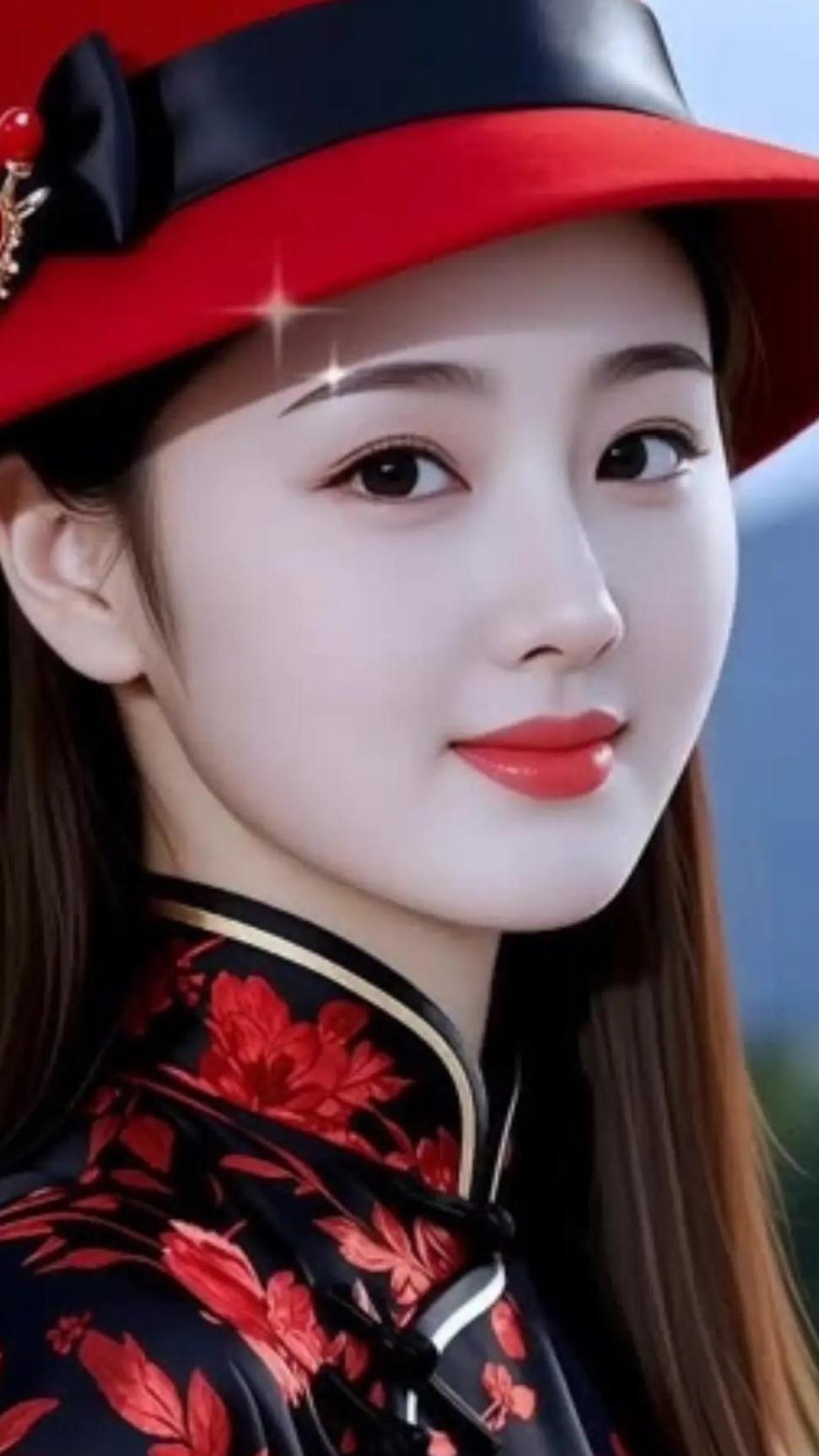 惊艳的古典美女，红衣黑帽，优雅动人！