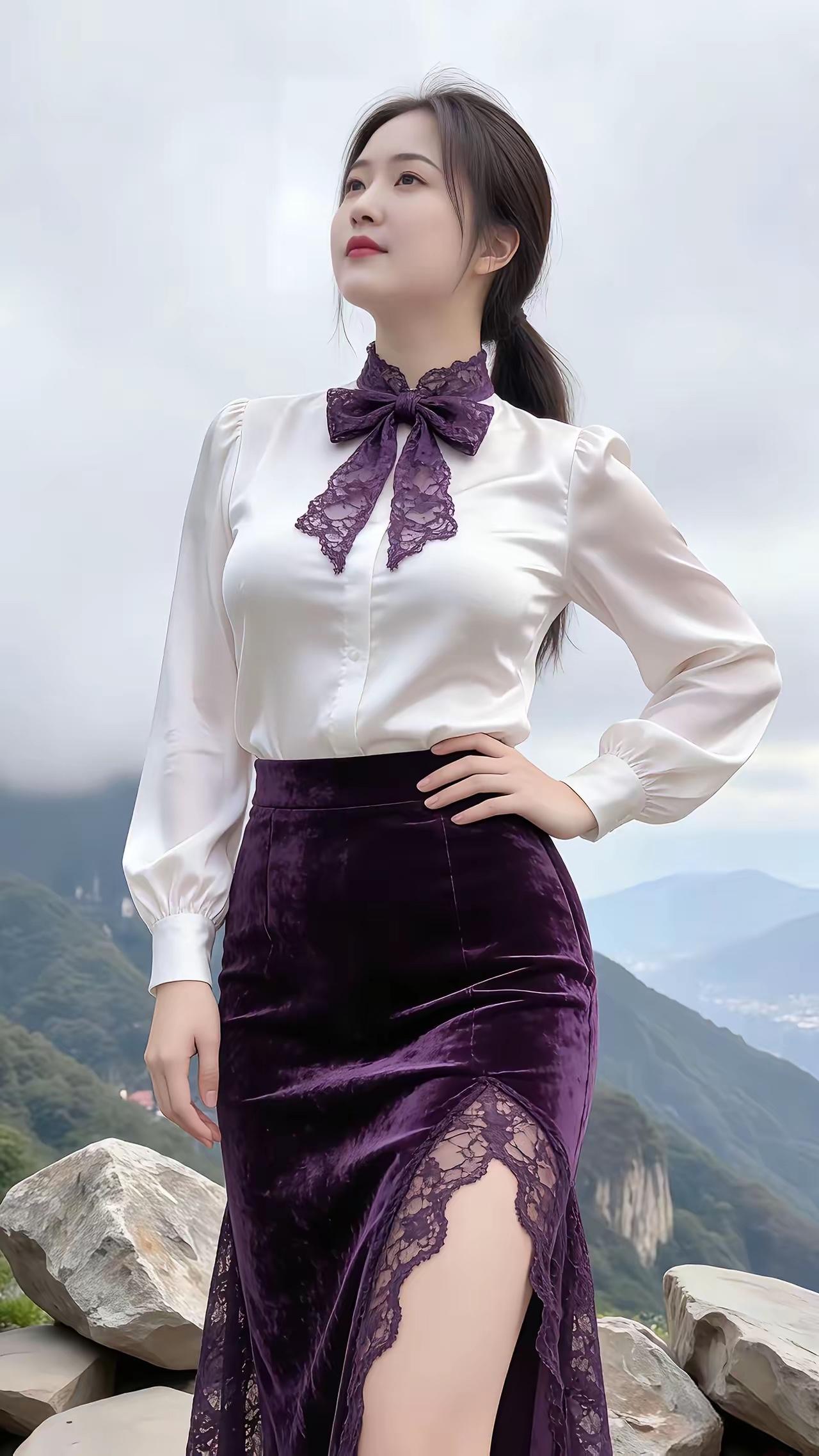 山间少女，白衣紫裙，静坐岩石，悠然自得。