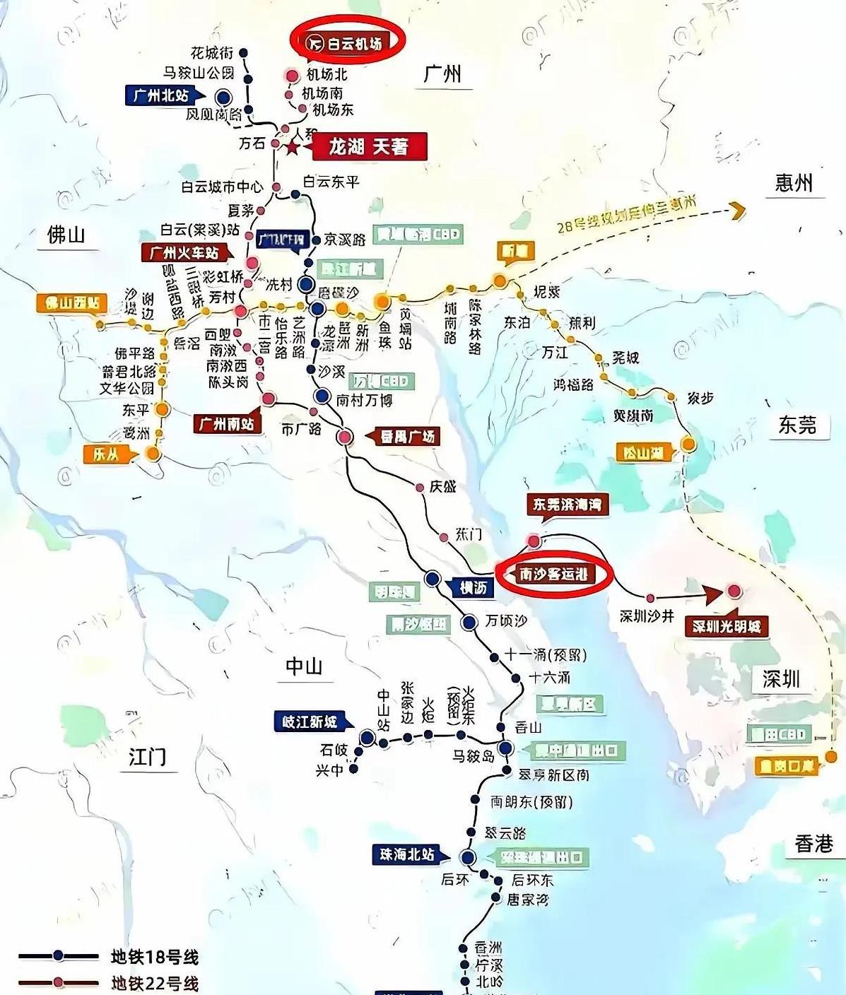 广州终于认准时机，向南布局了，一条18号线，从南沙通往中山，珠海，另一条22号线