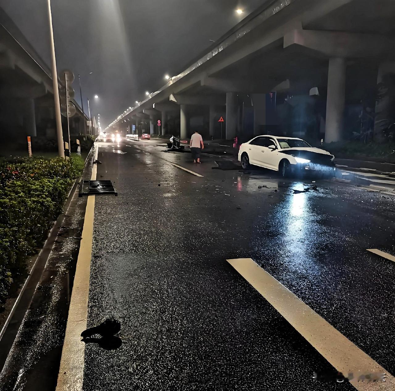 云南保山，男子凌晨两点开车正常行驶，一女子突然翻越护栏跑到了机动车道上，还跑来拍