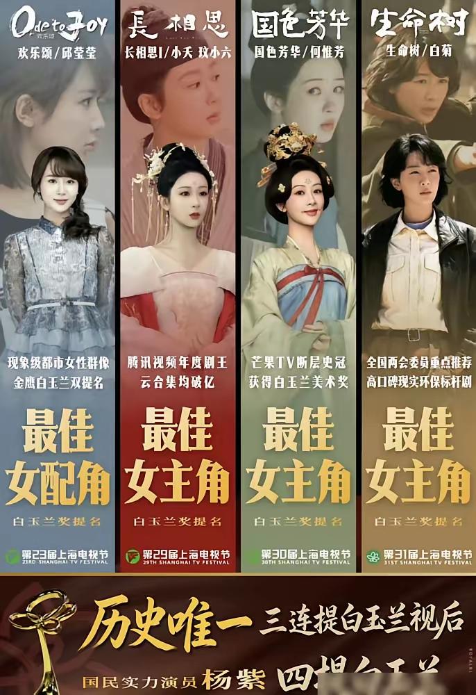 白玉兰作为国产电视剧殿堂级奖项，杨紫创下了奖项独有的纪录：连续三年入围最佳女主角