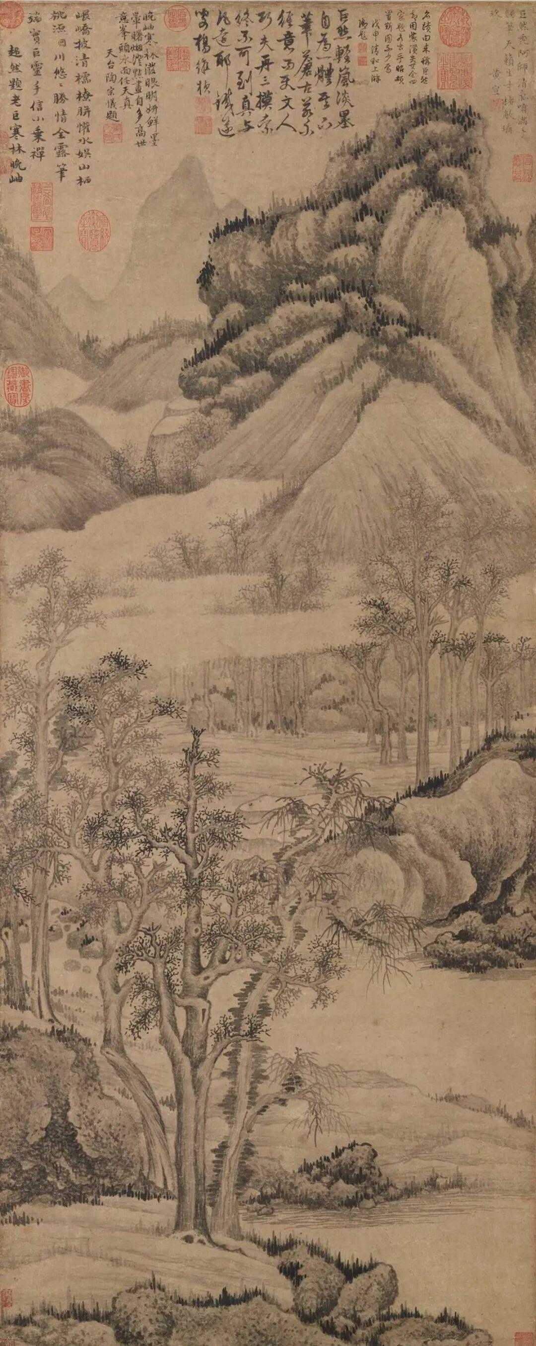 五代南唐巨然山水画。公元975年，北宋大军攻破金陵，南唐灭亡。亡国之君李煜被押