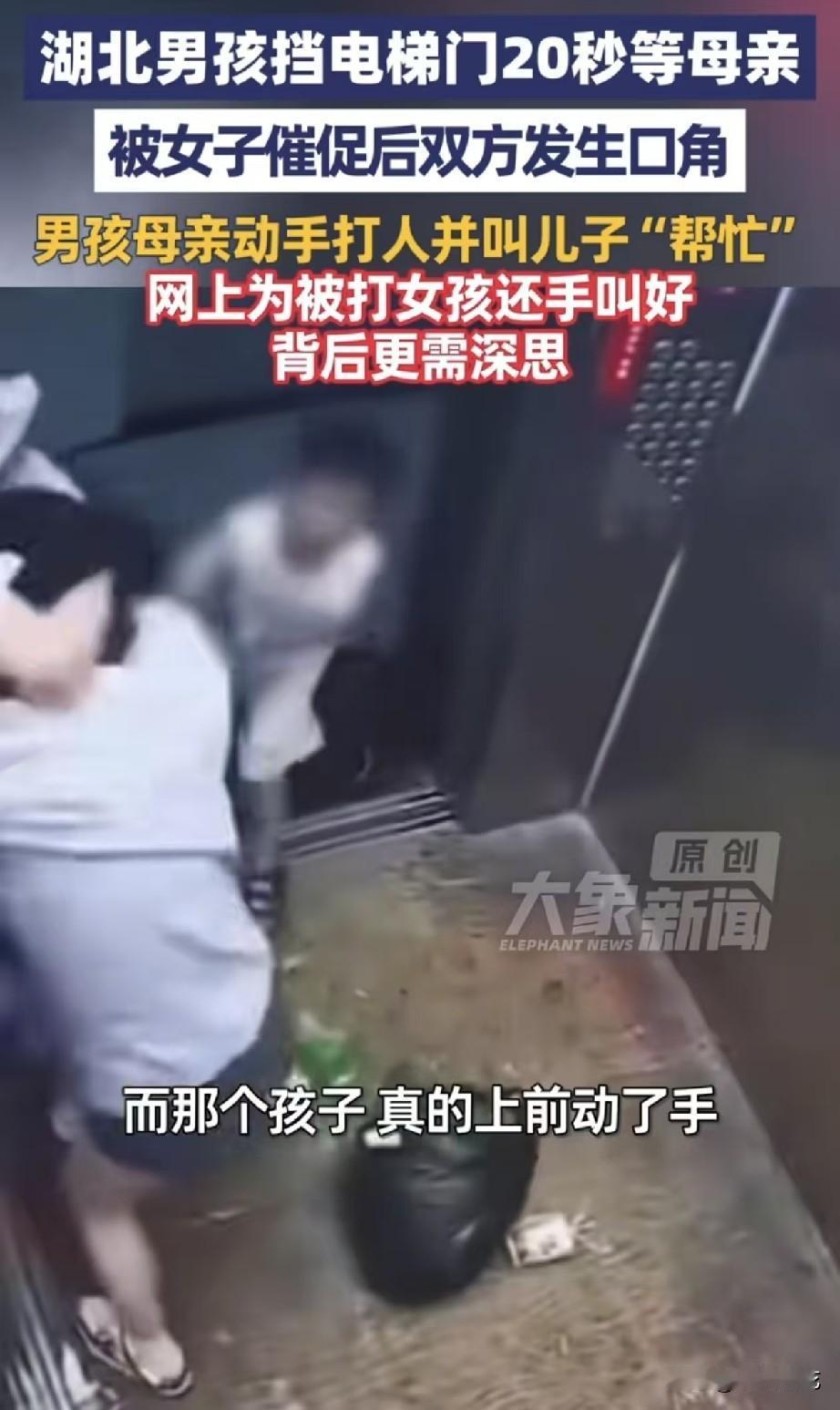 湖北宝妈电梯打人一事，我发现了一个细节，这个宝妈多次教唆自己的孩子去打这个白衣女