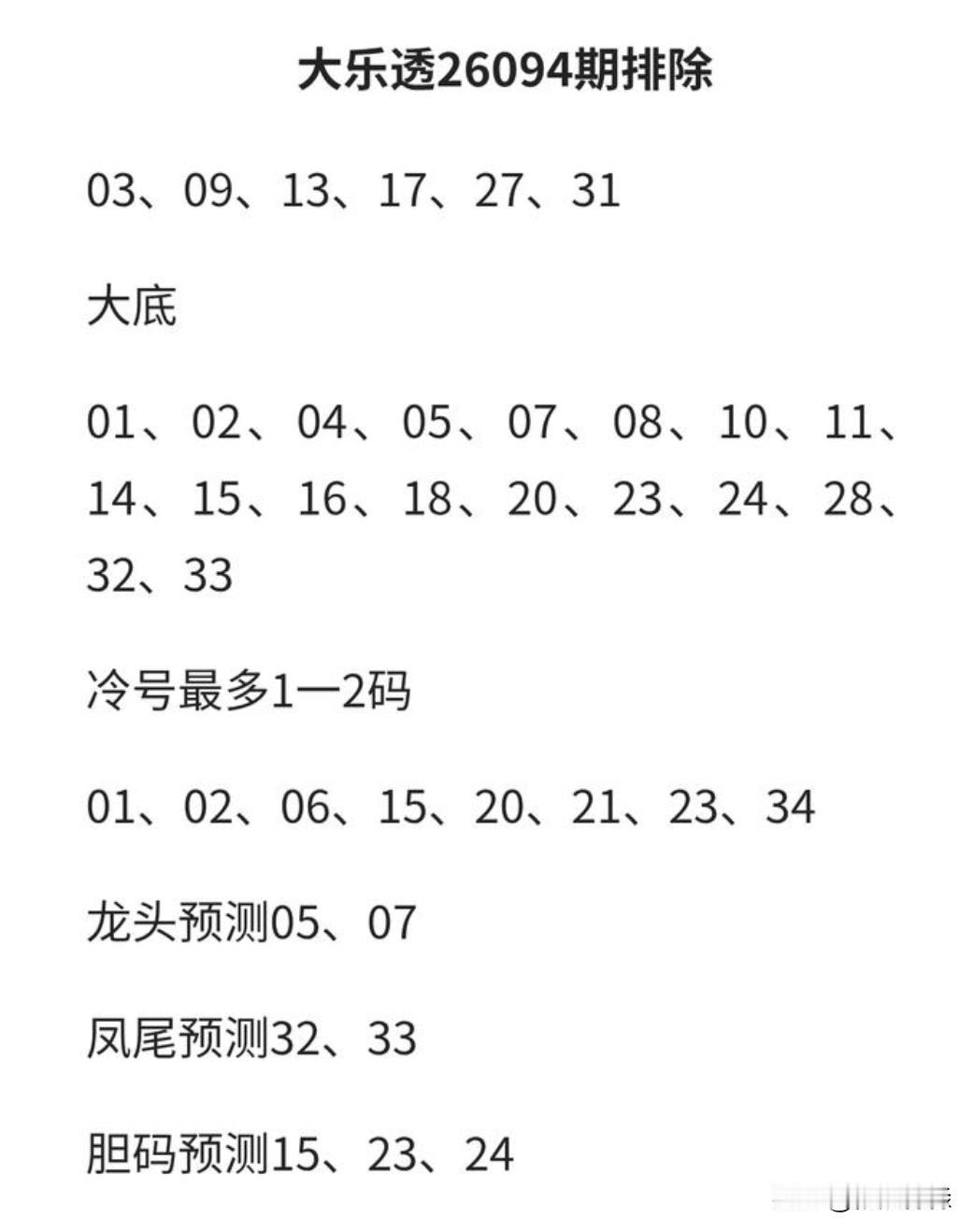 大乐透26094期开奖前区：05、14、15、17、33后区：01、07今
