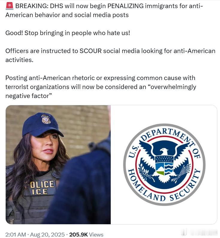 美国土安全部现在将开始惩罚那些有反美行为或在社交媒体上发表相关言论的移民。官员们