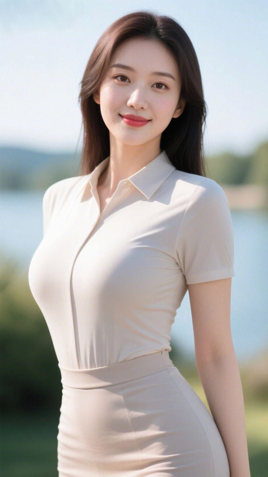 《素衣栖晴风》湖畔的风裹着浅软的水汽，漫过身侧时，浅米色衣装像浸了层晴日的