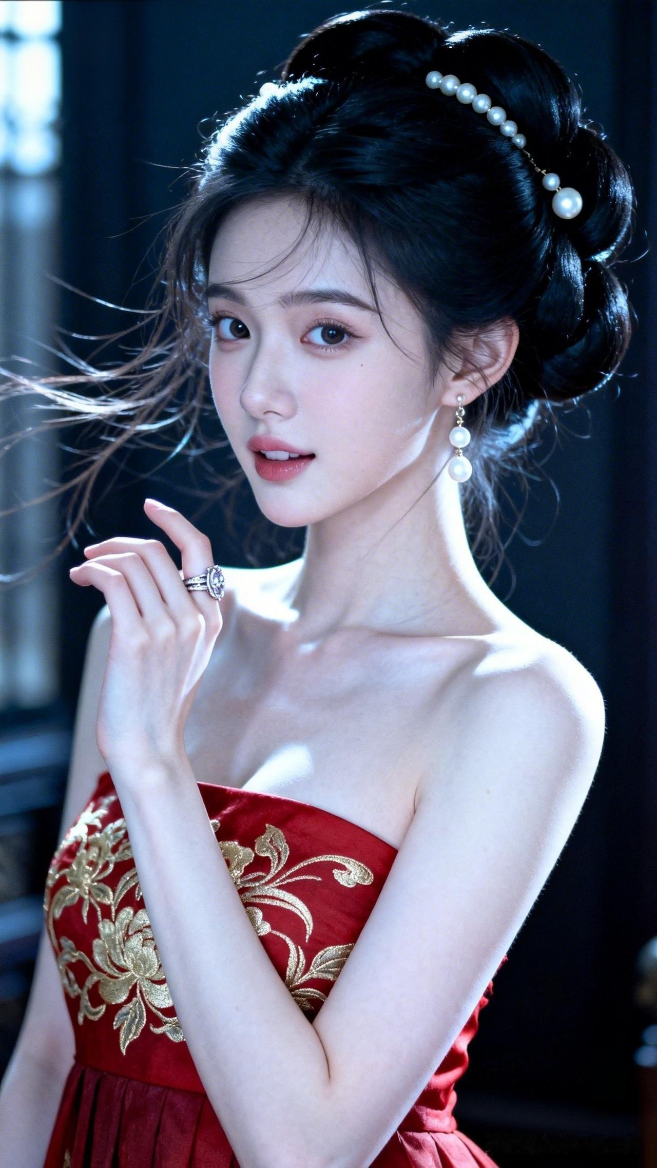 什么样的女生让人过目难忘?优雅红裙，复古珍珠，惊艳时光。
