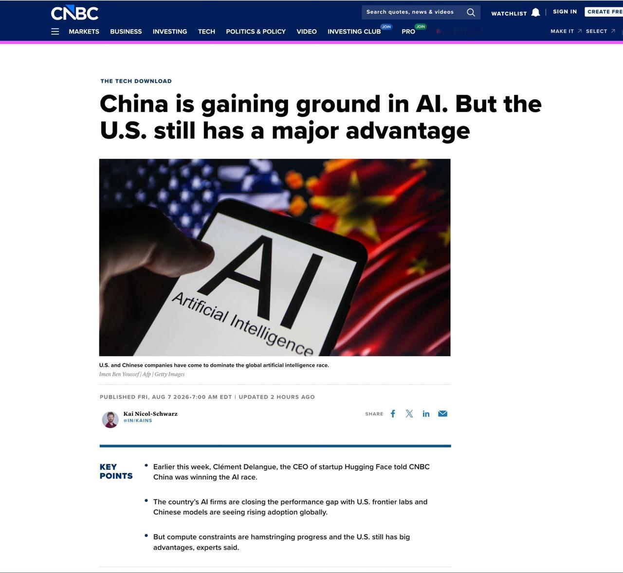 CNBC想安抚美国产业，结果弄巧成拙CNBC这篇AI对比报道，前半部