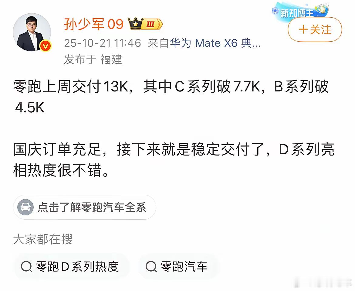 新势力最新周销量公布!零跑交付达1.3万台,发展步伐很稳!近日,零跑汽车公布