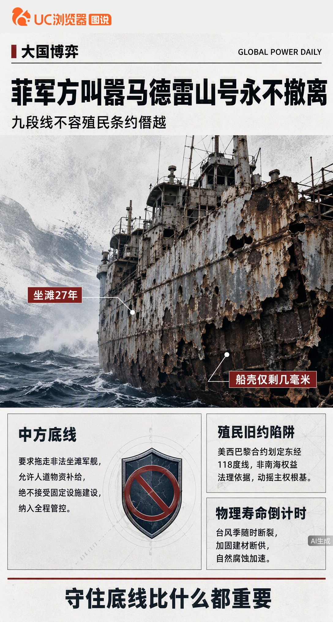 菲方放话马德雷山号永不撤离，但这艘坐滩27年的老舰锈蚀严重，补给线已被中方全程管控。比破船更需警惕的