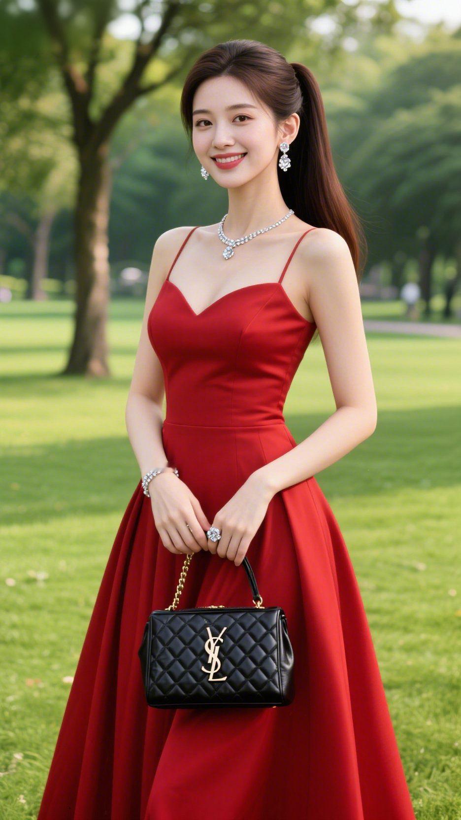 红裙裹着晴光草坪的风裹着树影轻晃时，她似揉碎的晚霞立在晴光里——红裙缎面泛