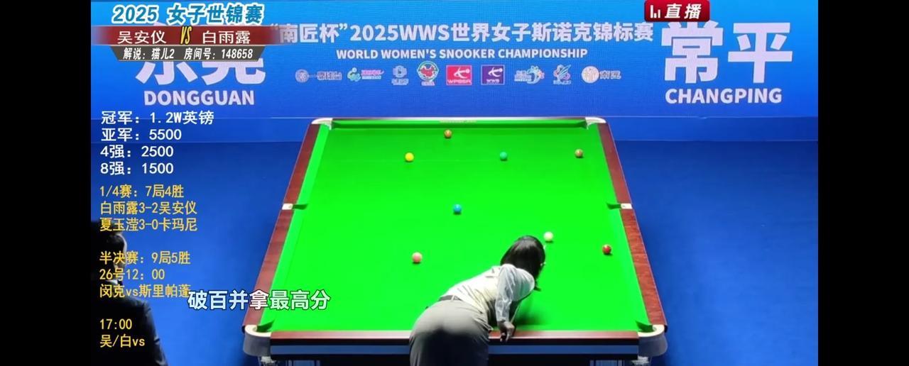 斯诺克女子世锦赛1/4决赛战况速报：开局吴安仪先下一城，1:0