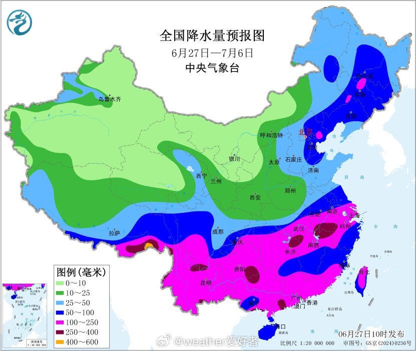 气象观察团未来10天（6月27日-7月6日），华北、东北地区仍多阵雨或雷阵雨，