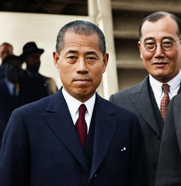 这张照片显示的是两位日本海军高级军官并肩站立，左边的人表情严肃、身材较矮是山本五