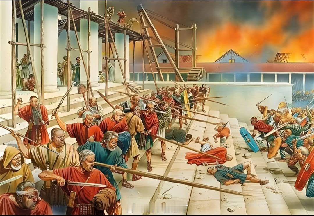 布狄卡起义军攻打罗马殖民地城市的神庙，画作是罗马视角，罗马征服不列颠后，按照以往