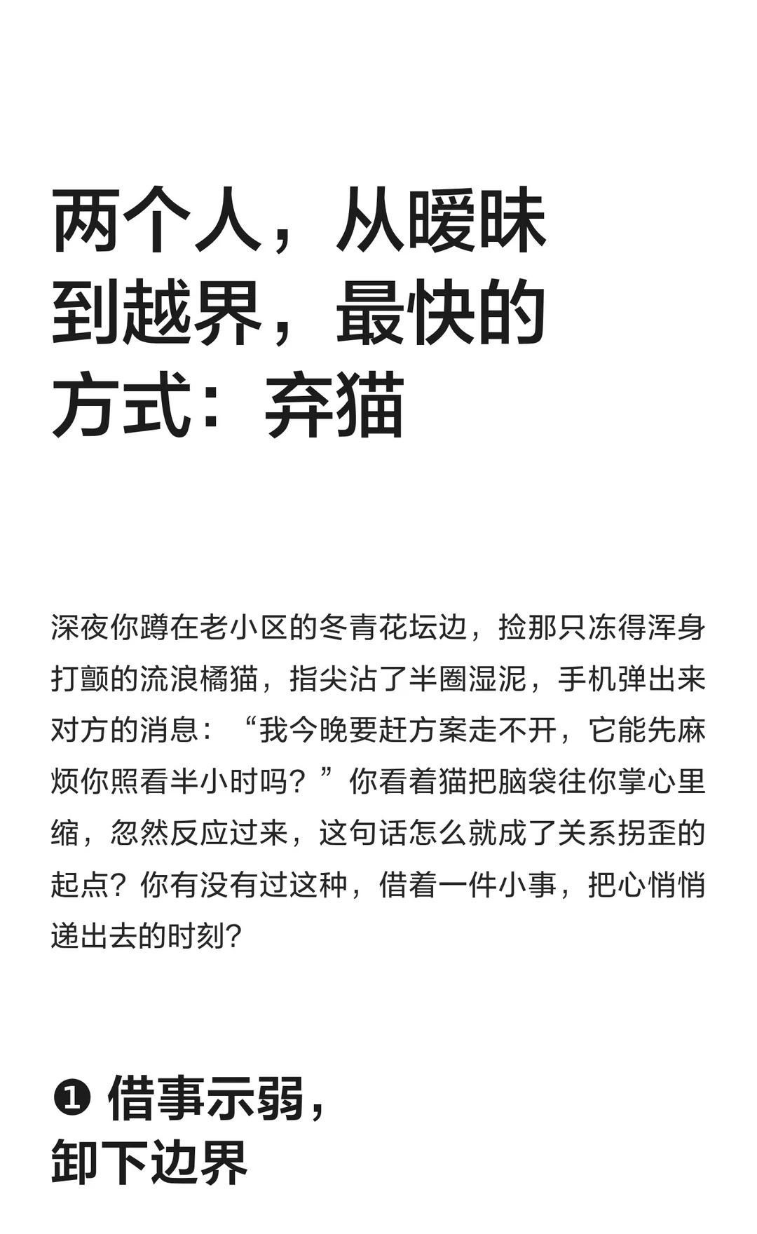 两个人，从暧昧到越界，最快的方式：弃猫借事示弱、共养软肋、默认独处是拉近距离的