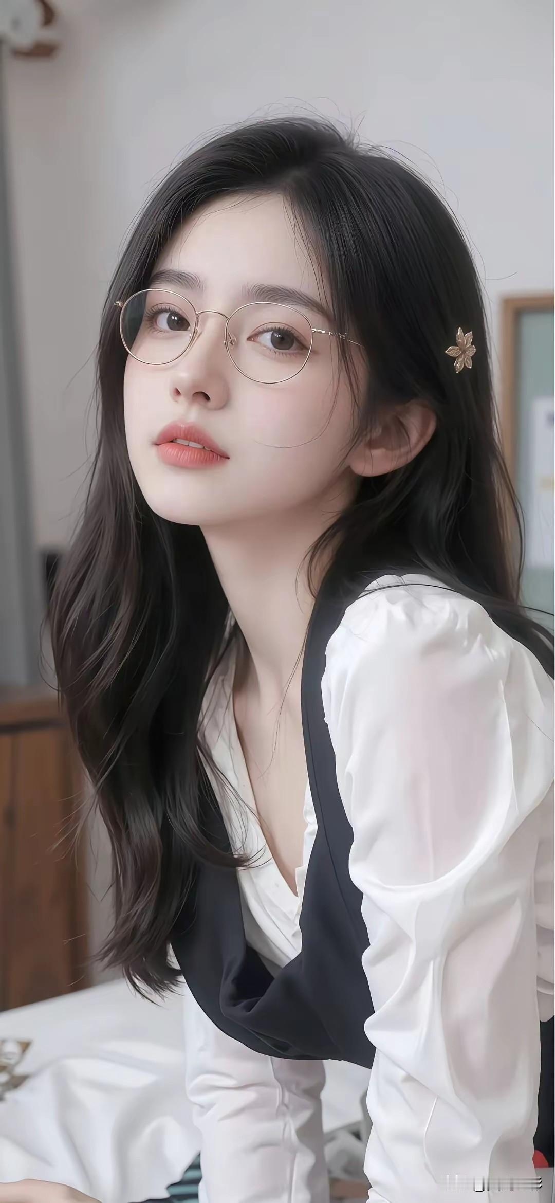 光之影&AI温柔眼镜少女，复古文艺风，黑白穿搭，清新自然。粉色调穿搭知性眼