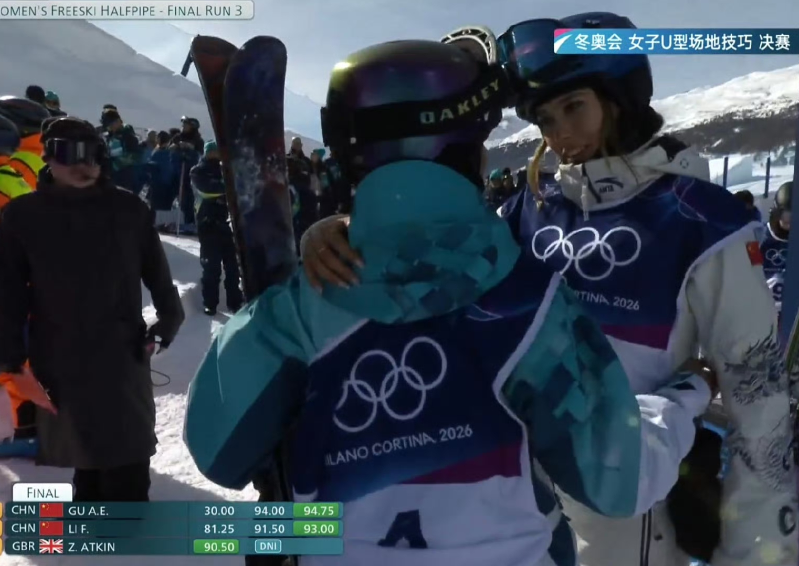 这是刚刚夺得冬奥会冠军的谷爱凌和亚军李方慧在相拥聊天，她们即是对手也是战友，如今