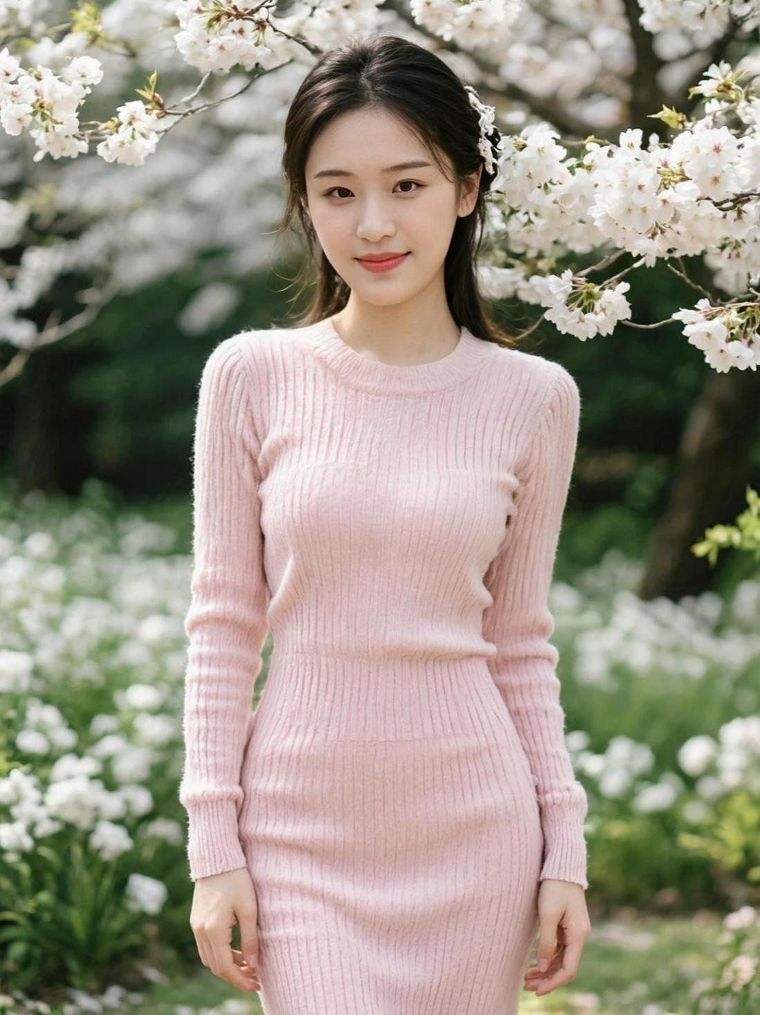 春日的暖阳洒在粉色毛衣上，仿佛为这静谧的时刻镀上了一层柔和的光晕。背景中盛开的花