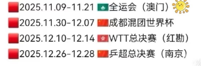 全运会结束国乒接下来的赛程很密集全运会轰轰烈烈的结束，接下来就是11月30