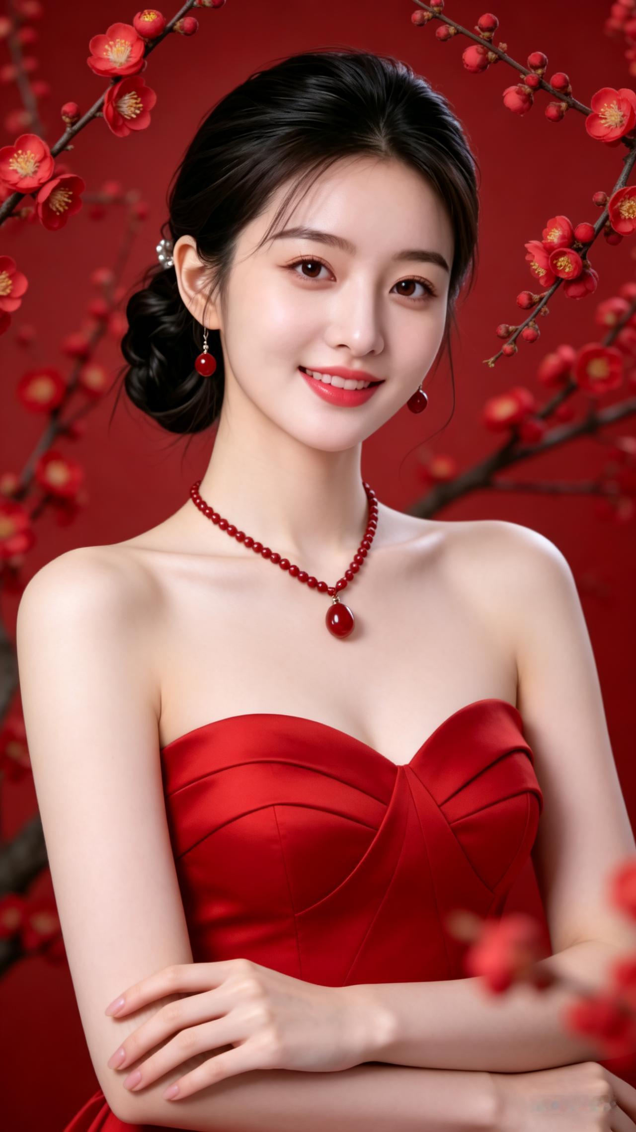 身着惊艳红礼服的精致美人，立于红梅盛放之处，眉眼温婉动人，红唇与繁花相映，气质优