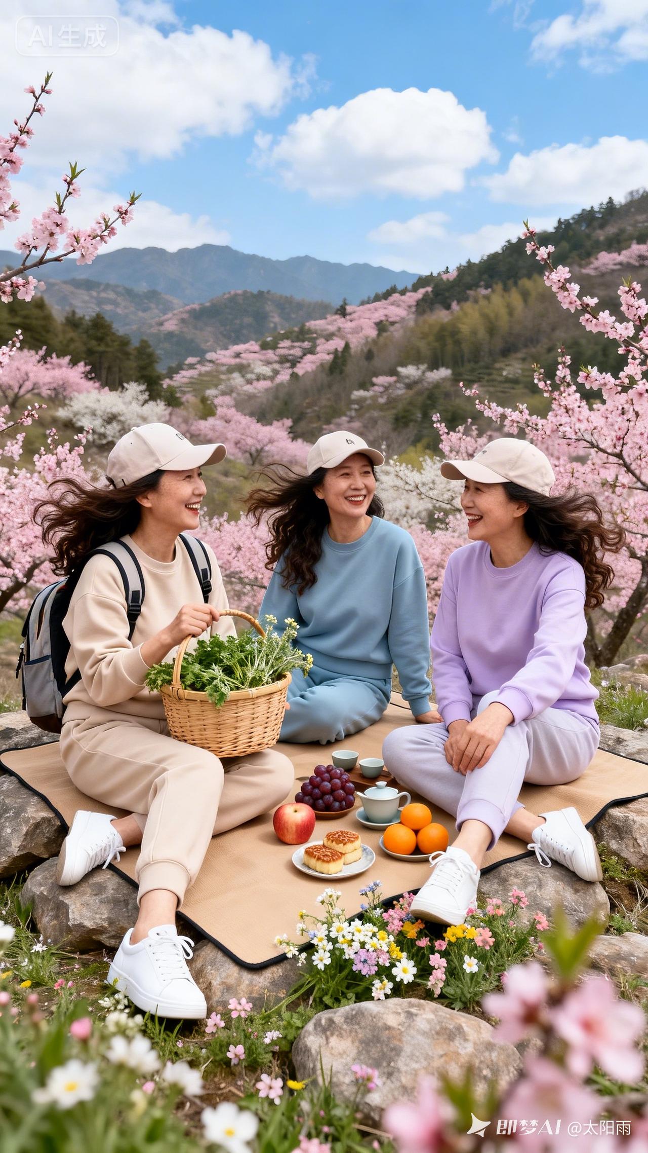 春日野餐，花海中笑语盈盈，与好友共享美好时光！🌸🍰👭