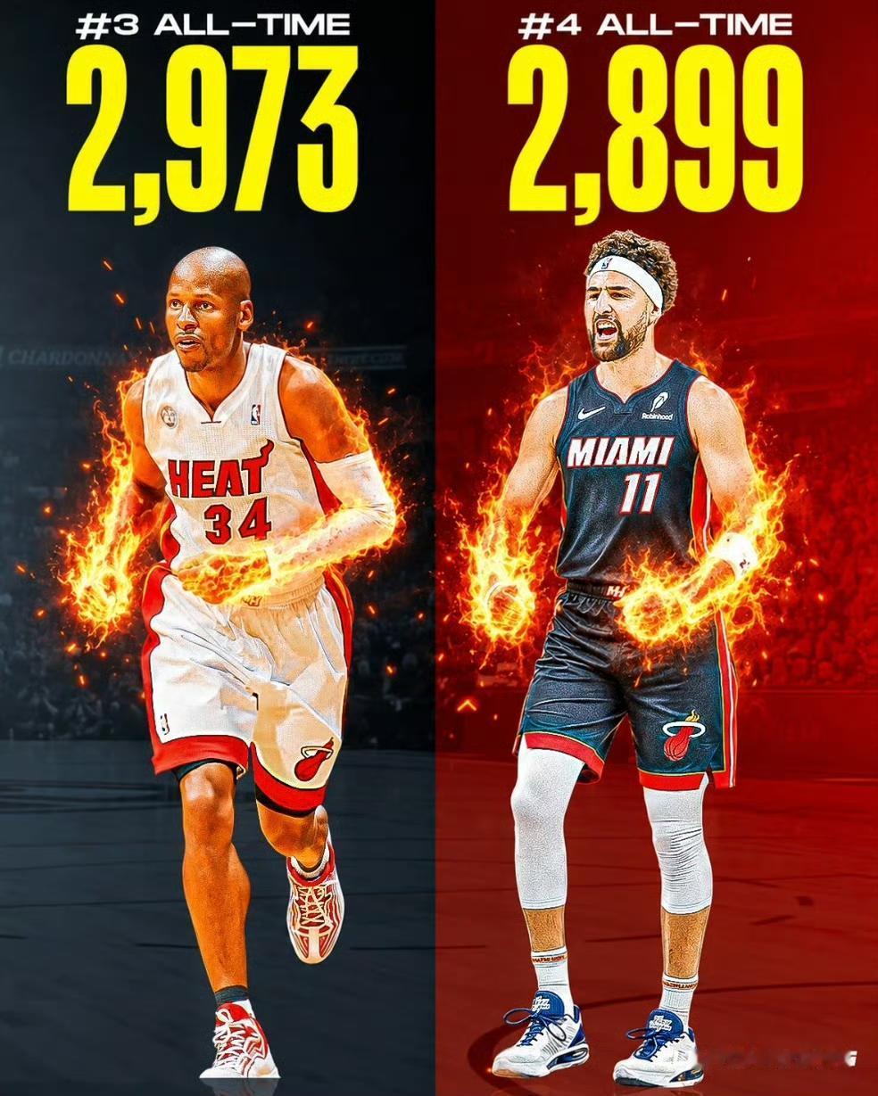 热媒：克莱即将超越雷-阿伦，升至三分榜第3热火媒体HeatNationCP发文
