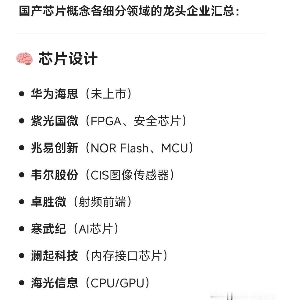 国产芯片概念各细分领域的龙头企业汇总：芯片设计华为海思（未上市）紫光国微（