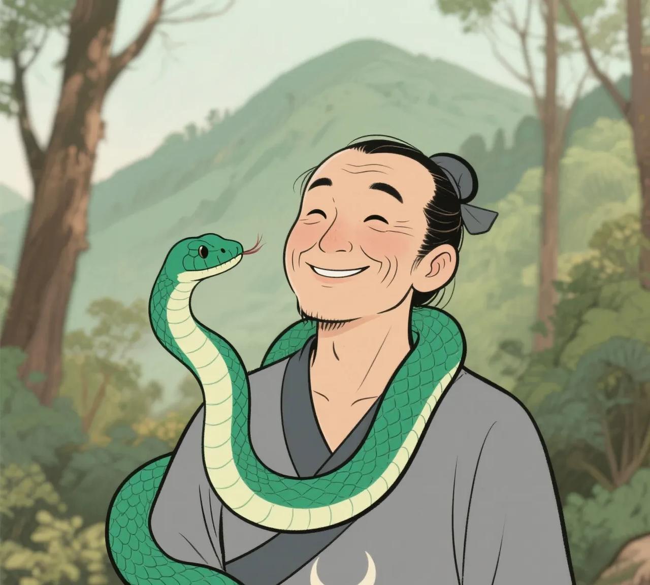 古时，有个耍蛇人放生了一条驯养多年的青蛇，多年后，耍蛇人路过一山林，与青蛇相遇，