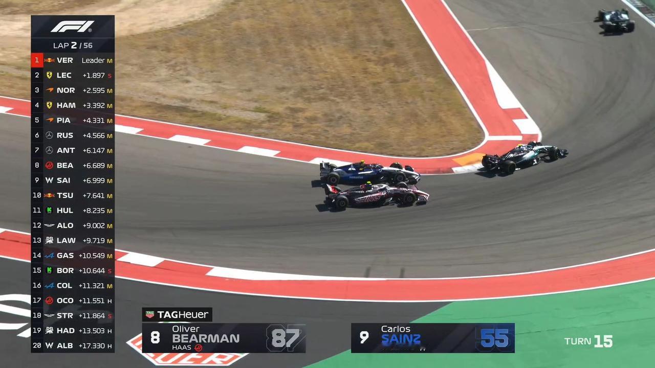 2025F1美国大奖赛正赛，维斯塔潘起步完美，勒克莱尔靠着软胎起步的优势超越诺里