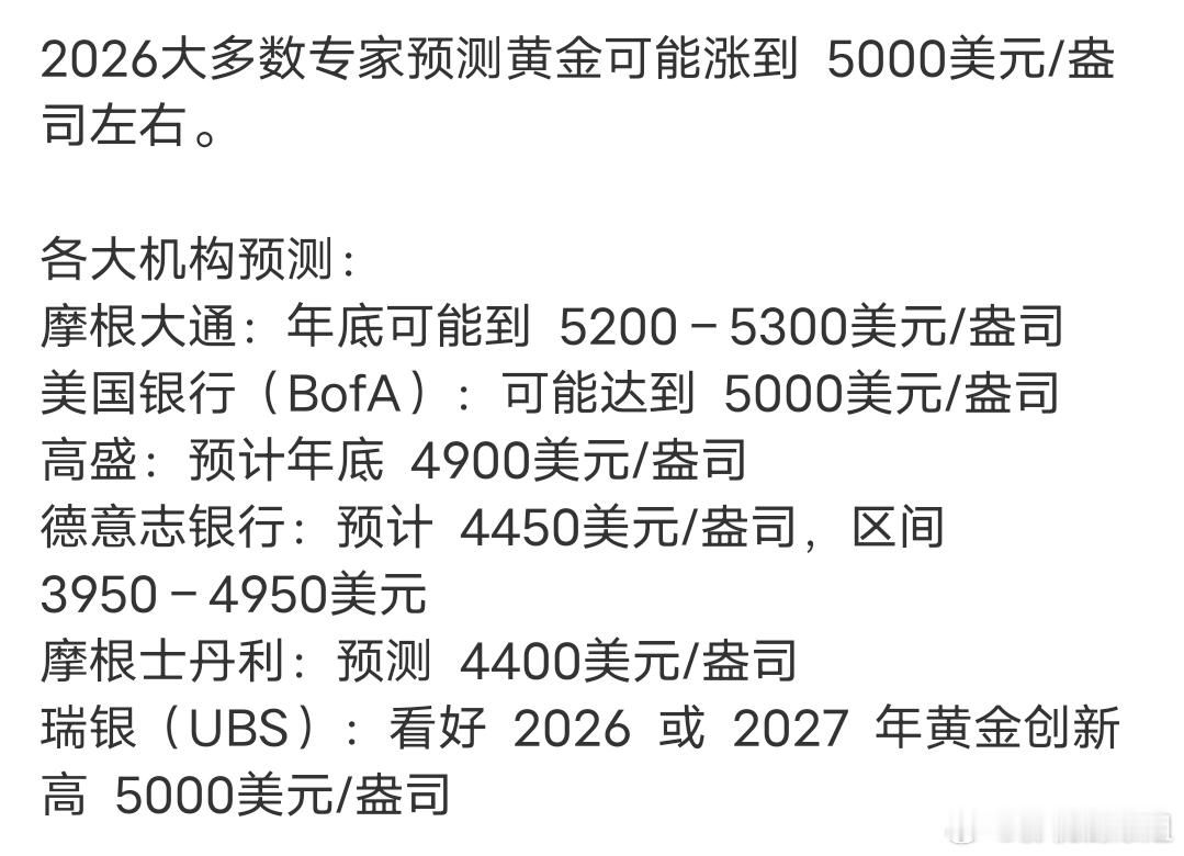 2026大多数专家预测黄金可能涨到5000美元/盎司左右。