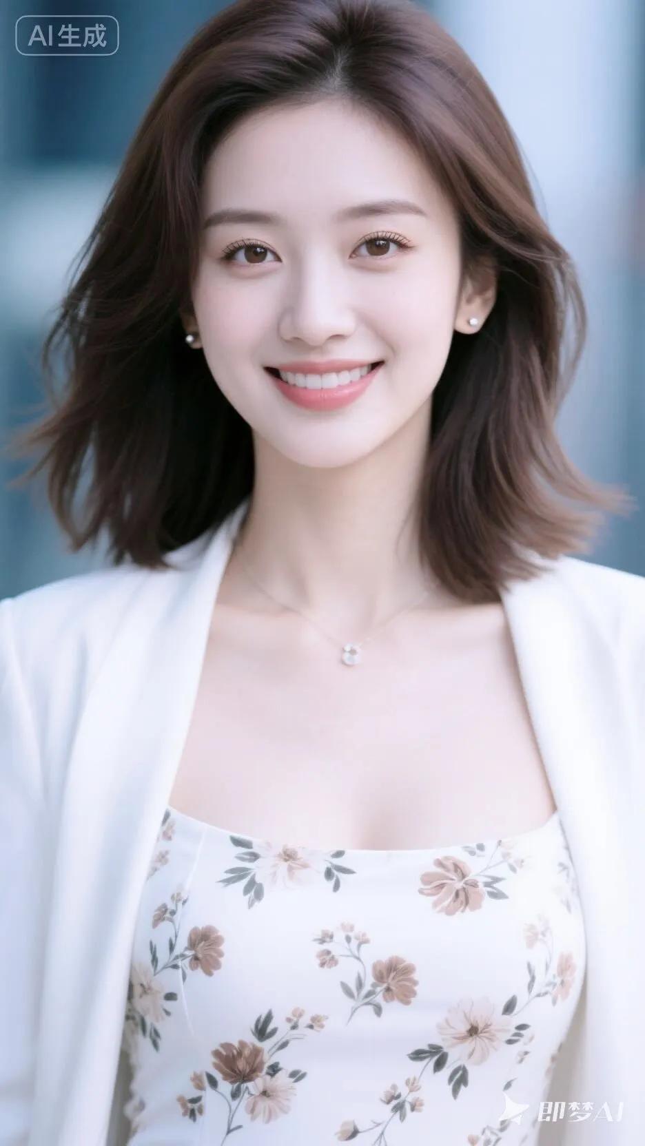 温柔甜美的微笑，白色连衣裙与自然妆容的完美搭配，散发着优雅与自信的气息。