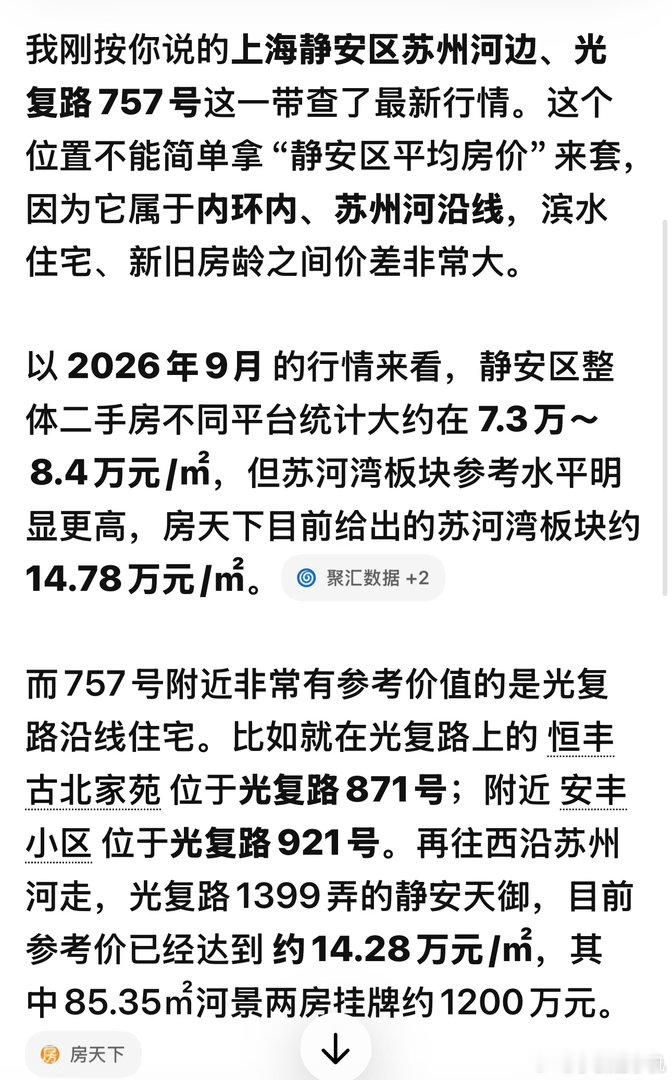 琐记：上海静安区苏州河边、光复路757号这一带查了最新行情。这个位置不能简单拿“