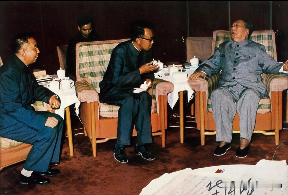 1976年5月27日，毛泽东主席在华国锋同志的陪同下会见巴基斯坦总理布托的场景，