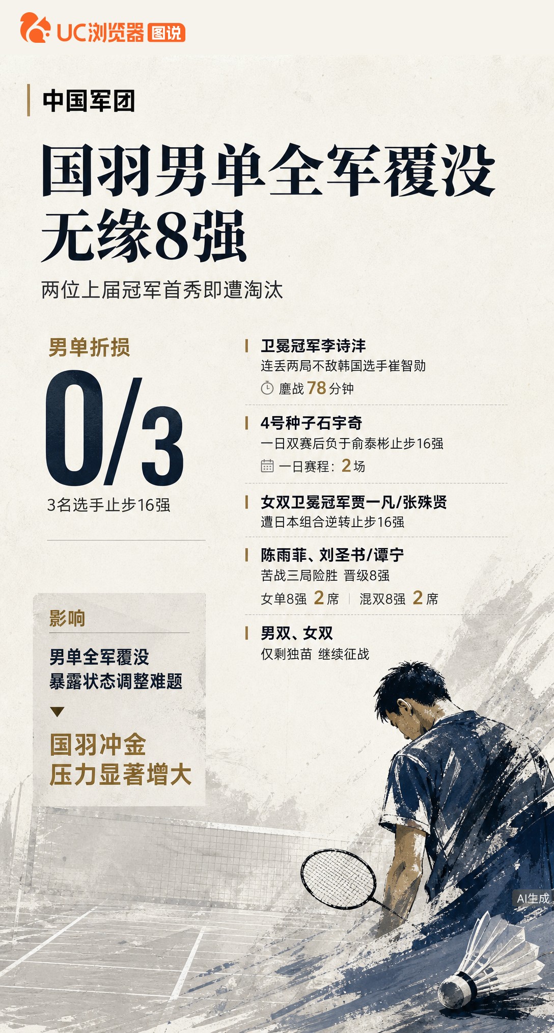 国羽男单亚运全军覆没！卫冕冠军李诗沣、4号种子石宇奇双双止步，两位上届冠军首秀即出局。女双也被日本组