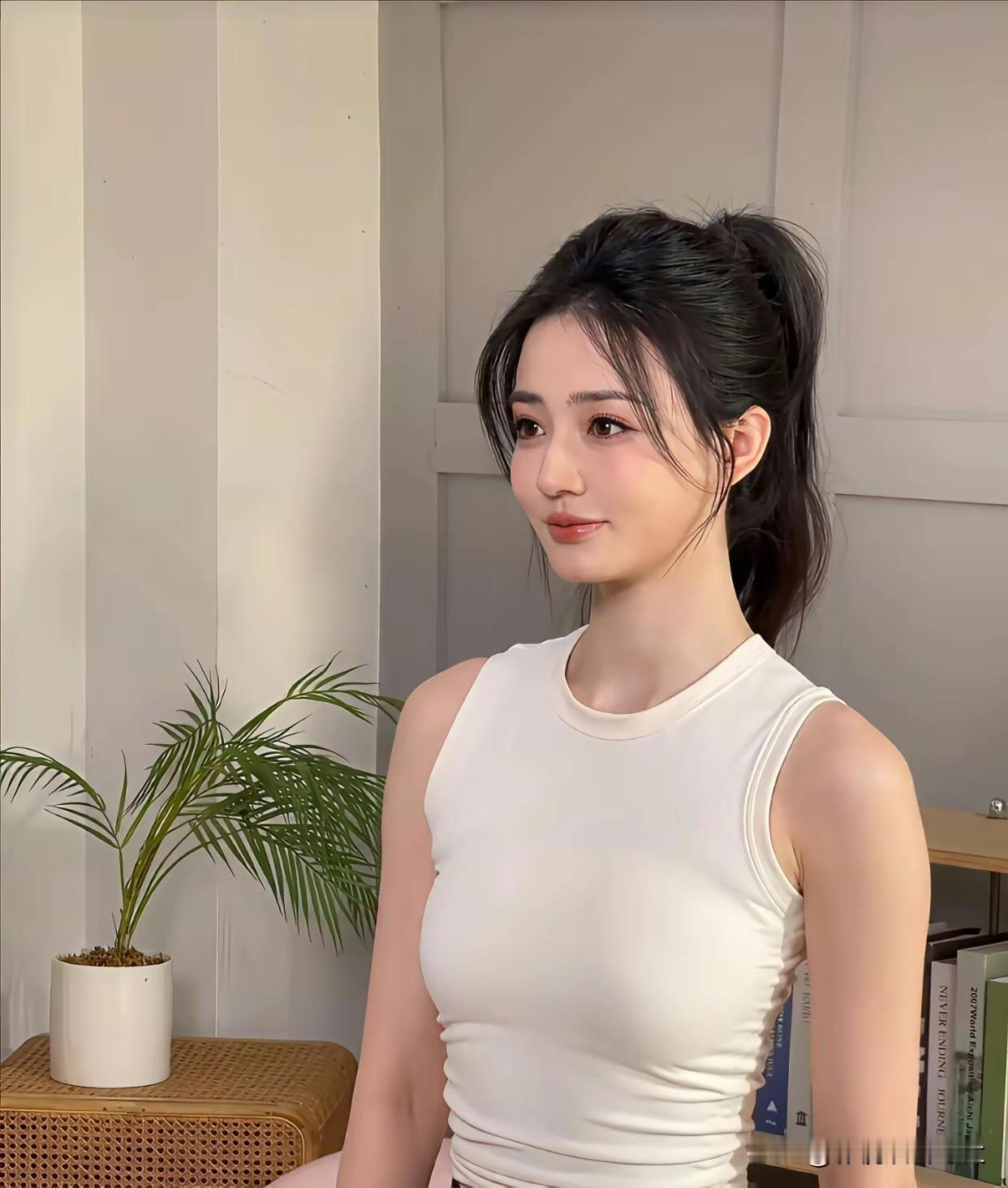 徐璐，一身运动装，白色无袖紧身背心➕黑色瑜伽裤，扎个马尾辫，尽显女人韵味和好