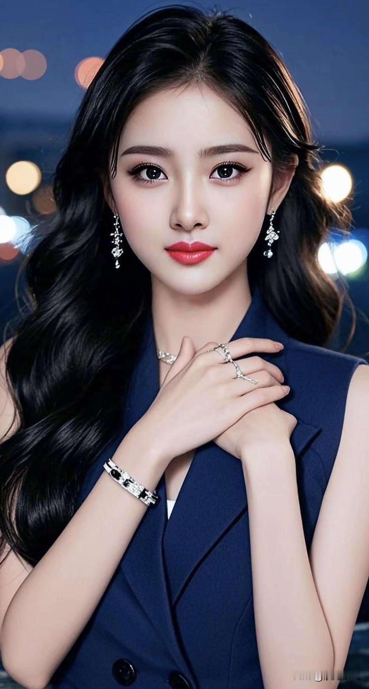 优雅黑发美人，精致妆容与珠宝配饰，尽显都市时尚魅力！气质红裙女时尚东方美人粉