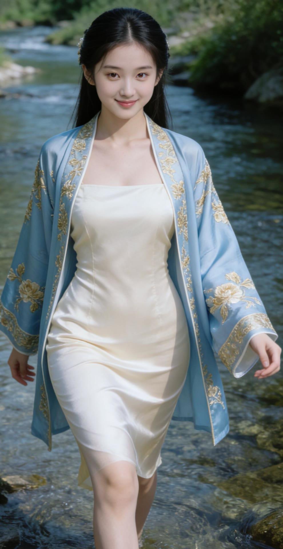 仙气飘飘的汉服少女，漫步在清澈的小溪边，宛如画中人。