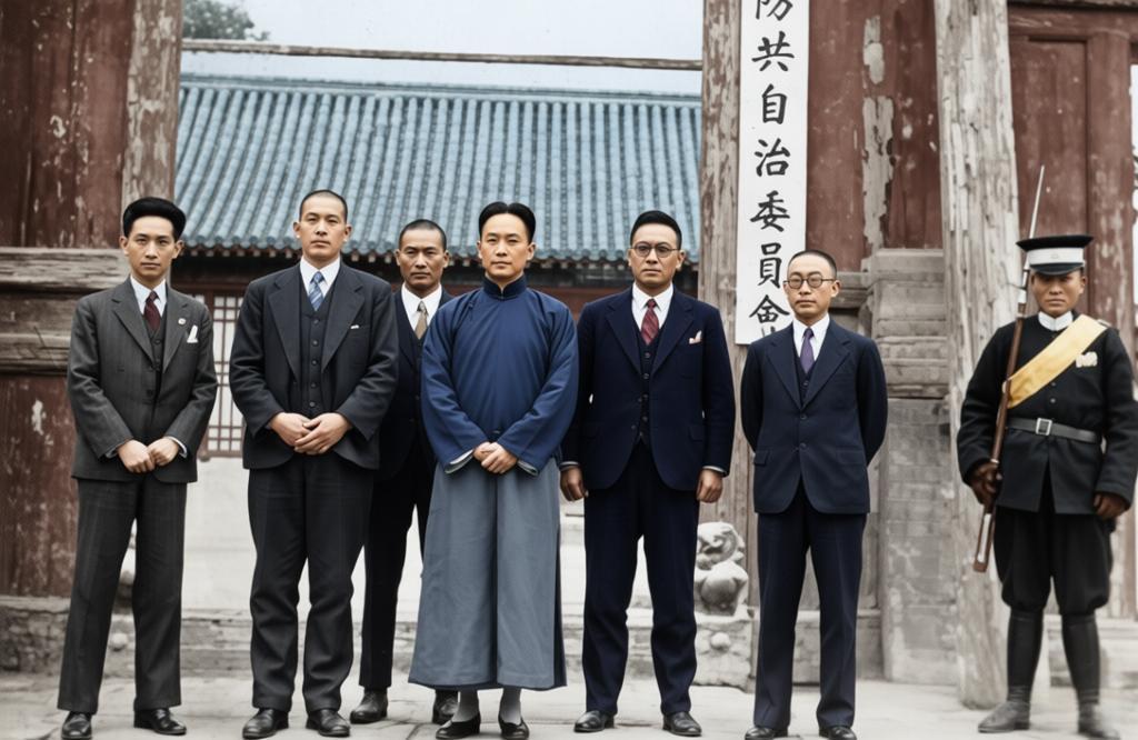 这张1936年的合影，源自法国《画报》的报道，记录了日本扶持下的傀儡政权“冀东防