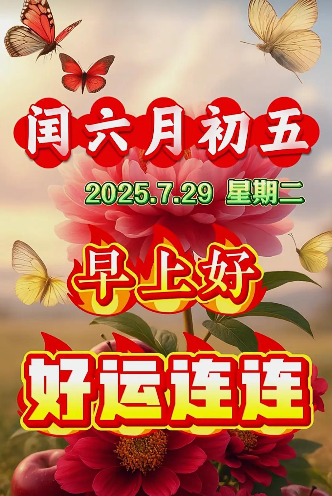 2025年7月29日星期二农历闰六月初五吉祥如意，心想事成财源广进，事业