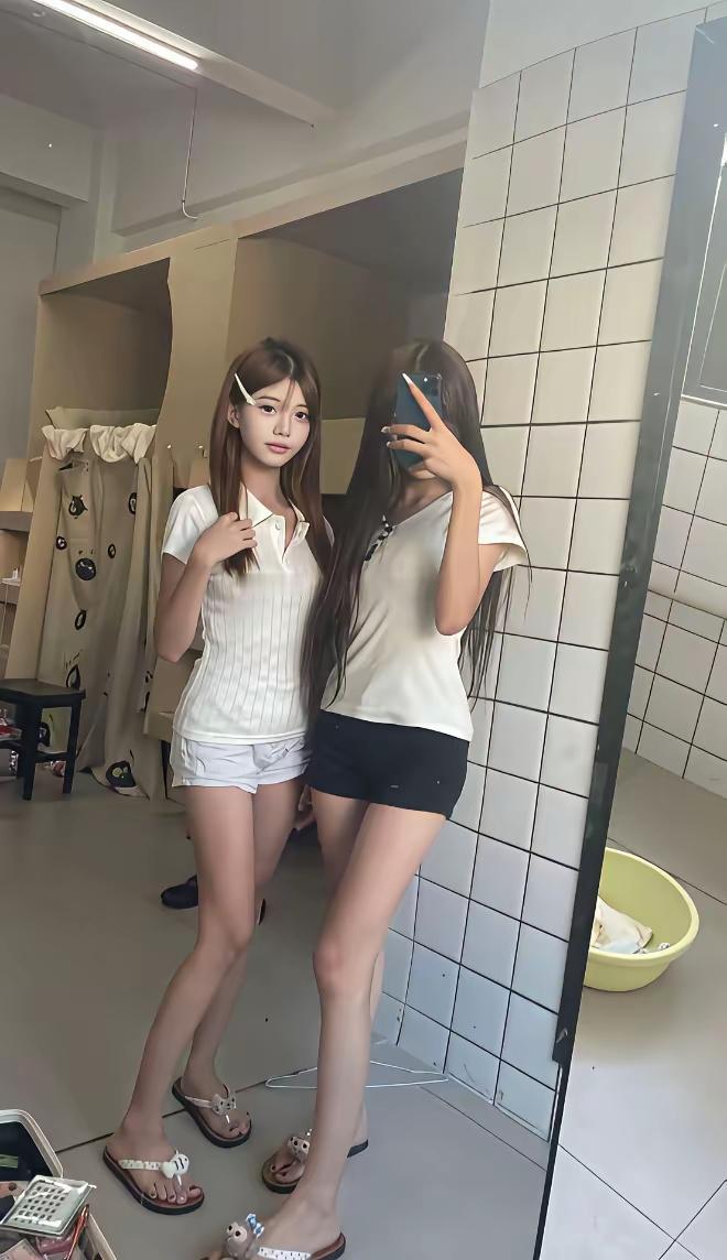 两个姐妹在试衣间自拍。试衣间自拍试衣间